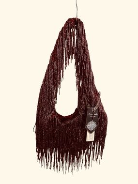 From India Hand-Beaded Burgundy Fringe Shoulder Bag